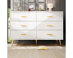 Pugsdrly Ladekast, wit eetkamermeubel, eenvoudig en modern, geschikt voor de slaapkamer, woonkamer, eetkamer, driedimensionaal ontwerp van de deuren, gouden poten, 6 ruime lades