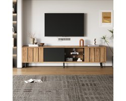 Pugsdrly Lage tv-meubel 175*31,5*45 cm, tv-meubel voor de woonkamer, tv-meubel met 3 kasten, eenvoudig woonkamermeubel met originele houtkleur + zwarte verbindingsstukken, geschikt voor 75 inch tv's