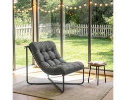 Pugsdrly Lounge stoel voor buiten Ergonomische tuinstoel met huidvriendelijk kussen Brede zitting Stalen frame Donkergrijs