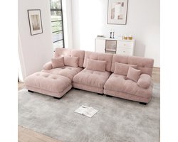 Pugsdrly Luxe modulaire hoekbank - Oversized Cloud-bank in L-vorm voor woonkamer, diepe slaapbank met poef, corduroy, roze chenille
