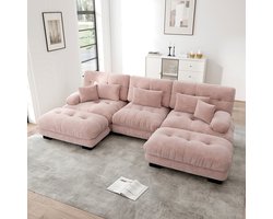 Pugsdrly Luxe modulaire hoekbank - Oversized U-vormige Cloud-bank voor woonkamer, diepe slaapbank met voetenbank, roze chenille