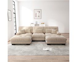 Pugsdrly Luxe modulaire hoekbank - Oversized U-vormige Cloud-bank voor woonkamer, slaapbank met poef, lichtbruine chenille