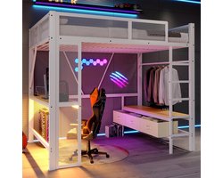 Pugsdrly Metalen hoogslaper 140 x 200 cm met USB, LED, bureau, open kast en 3 linnenlades, wit