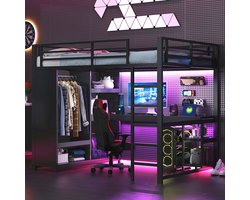 Pugsdrly - Metalen hoogslaper - 140x200 cm - Zwart - Met ledverlichting - Bureau, open kledingkast en opbergvakken - Gaming-stijl