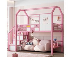 Pugsdrly Metalen hoogslaper 90 x 200 met dak en trap met opbergruimte, roze