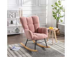Pugsdrly Mid Century moderne schommelstoel van teddy-stof met getufte bekleding, gestoffeerde zitting voor de woonkamer en slaapkamer, roze