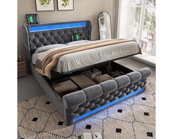 Pugsdrly Modern gestoffeerd tweepersoonsbed 160 x 200 cm, gestoffeerd bed met led-verlichting, hoofdeinde met opbergruimte en USB- en Type-C-poorten, bed met hydraulische opbergruimte, grijs, fluweel (zonder matras)