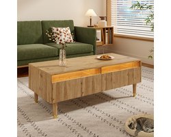 Pugsdrly Modern LED Salontafel Houten Blad met 2 Lades Houten Poten Veranderbare LED Lichtstrip