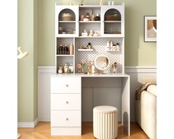 Pugsdrly Modern multifunctioneel bureau met ingebouwde kast, 180 cm studiebureau met prikbord, 3 lades & vitrinekast met glazen deuren, voor studeerkamer, slaapkamer of thuiskantoor(Zonder kruk)