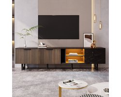 Pugsdrly Modern - TV-kast 200 cm - Zwarte marmerlook & donker hout - Met verstelbare ledverlichting - 2 deuren + 2 lades, geschikt voor robotstofzuiger