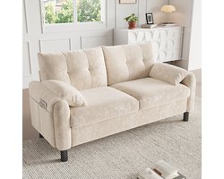 Pugsdrly Moderne 2-zitsbank, comfortabele gestoffeerde bank van chenille met dikke kussens, comfortabele bank voor woonkamer, slaapkamer, klein appartement, gestoffeerde meubels in Scandinavische stijl, beige