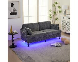 Pugsdrly Moderne 2-zitsbank in chenille met houten poten, ledverlichting, USB-poort en opbergtas Woonkamer-slaapkamer-kantoor