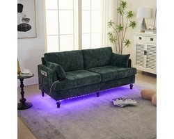 Pugsdrly Moderne 2-zitsbank in chenille met houten poten, ledverlichting, USB-poort en opbergvak Woonkamer-slaapkamer-kantoor