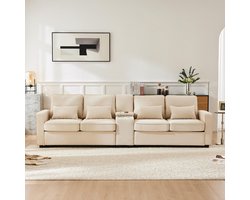 Pugsdrly Moderne 4-zitsbank in linnen met console, 2 bekerhouders, 2 USB-poorten om op te laden met een kabel, met opbergvakken in de armleuningen en 4 kussens, eenvoudige bank voor de woonkamer, het appartement, het kantoor