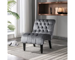 Pugsdrly Moderne accentfauteuil in fluweel zonder armleuningen / fauteuil, comfortabele fauteuil gestoffeerd met knopen en houten poten voor slaapkamer, woonkamer, kantoor (zilvergrijs)