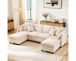 Pugsdrly Moderne bank van chenille met afneembare voetensteun, vierzitsbank, L-vormige hoekbank, U-vormige bank, modulaire bank, geschikt voor thuis, de woonkamer, het appartement, enz. Video beschikbaar