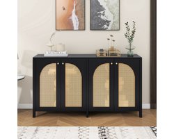 Pugsdrly Moderne dressoir in minimalistische stijl met 4 rotan deuren, metalen handgreep, eenvoudige buffetkast voor eetkamer, woonkamer, keuken (zwart)