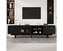 Pugsdrly Moderne en eenvoudige tv-meubel 200*40*50,5 cm, laag meubel met 2 deuren en 2 lades, tv-meubel met grote opbergruimte, woonkamermeubel met een totaal draagvermogen van 45 kg, geschikt voor 80 inch, zwart