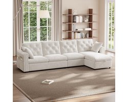 Pugsdrly Moderne fluwelen bank met opbergruimte in de hoek, L-vormige opbergruimte in de linker- en rechterhoek verstelbaar, zijarmleuningen met tijdschriftenvakken, rugleuning met knopen. Beige