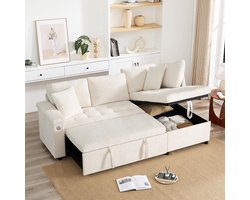 Pugsdrly - Moderne hoekbank - Slaapbank - Met opbergruimte - Opbergruimte in de armleuning - USB-oplader - 2 kussens - Geschikt voor de woonkamer - Beige