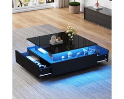 Pugsdrly Moderne hoogglans LED-salontafel Salontafel 70*70*41 cm met 2 lades en transparant presentatiegedeelte - Belastbaar tot 30 kg, ideaal voor stijlvolle woonkamers