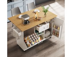 Pugsdrly Moderne keukeneiland, keukenkast voor afvalbakken, buffetkast, multifunctionele eettafel met opbergruimte, serveerwagen met snackrekken en uittrekbare kasten, wit
