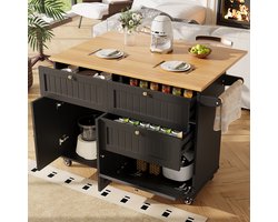Pugsdrly Moderne keukeneiland, keukenmeubel, buffetkast, serveerwagen met houtnerf, buffetkast, multifunctionele eettafel met opbergruimte, serveerwagen met uitschuifbare kasten, zwart