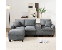 Pugsdrly Moderne L-hoekbank, slaapbank met console, 2 bekerhouders, USB-poorten, opbergvak in de armleuningen en kussens, corduroy stof, comfortabele bank voor woonkamer, appartement, kleine ruimtes, grijs