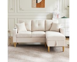 Pugsdrly Moderne L-vormige bank, 3-zitsbank met chaise longue, opbergruimte, geïntegreerde bekerhouders, geleverd met 2 kussens, geschikt voor de woonkamer, het kantoor, het appartement, enz., video beschikbaar