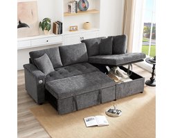 Pugsdrly - Moderne L-vormige bank - Slaapbank - Met opbergruimte - USB-oplader - Armleuningtafel - 2 kussens - Geschikt voor de woonkamer - Grijs