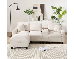 Pugsdrly Moderne L-vormige hoekbank, omvormbare bank met console, 2 bekerhouders, USB-oplaadaansluitingen, opbergzakken in de armleuningen en kussens, corduroy stof, comfortabele bank voor woonkamer, appartement, kleine ruimtes