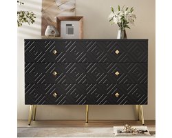 Pugsdrly Moderne ladekast met 6 lades – 120 x 40 x 80 cm – Elegant zwart met goud – Metalen poten voor extra stabiliteit – Perfect voor de slaapkamer en woonkamer