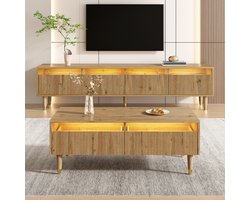 Pugsdrly Moderne LED-meubelset: tv-meubel met 4 deuren en salontafel met 2 lades – design in hout- en goudkleur, LED-verlichting, golvende structuur en acrylfront voor een elegant interieur