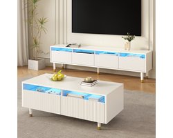 Pugsdrly Moderne LED-meubelset: tv-meubel met vier deuren en salontafel met twee lades - wit met goudkleurig design, ledverlichting, golvende structuur en acrylfronten voor een elegante levensstijl