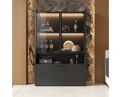 Pugsdrly Moderne LED-vitrinekast zwart mat hoogte 120 cm met 16-kleurige LED-verlichting, glazen vitrinekast met verlichting, woonkamerkast met glazen deuren en klapdeur, spaanplaat displaykast