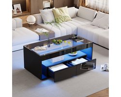 Pugsdrly Moderne salontafel met 16-kleuren LED-verlichting, rechthoekige salontafel met 2 grote laden, ruime glazen salontafel, dubbellaags ontwerp, hoogglans afwerking, grote salontafel, zwart