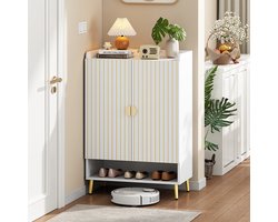 Pugsdrly Moderne schoenenkast met twee deuren, halmeubel, opbergmeubel, schoenenkast, schoenenkast van MDF, schoenenkast met 3 niveaus, wit, onderlade open, 75*35*105 cm, draagvermogen 20 kg