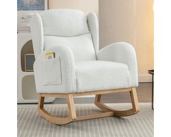 Pugsdrly Moderne schommelstoel met Teddy-stofbekleding, oorfauteuil, gestoffeerde zitting voor woonkamer en slaapkamer, wit