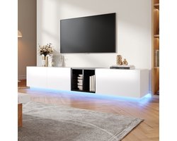 Pugsdrly Moderne tv-kast in zwart-wit contrast, eenvoudig ontwerp met lades en open vakken. Robuust, duurzaam en onderhoudsvriendelijk – geeft uw woonkamer een modern accent.