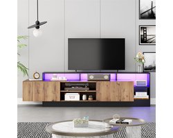 Pugsdrly Moderne tv-meubel voor tv's tot 70 inch, open opbergruimte met led-display, geschikt voor slaapkamer of woonkamer, meubel in de originele houtkleur met zwart frame