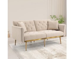 Pugsdrly moderne tweezitsbank voor de woonkamer, tweezitsbank met kussens, fluwelen bank met verstelbare rugleuning, comfortabele slaapbank met vulling en metalen poten, kleur beige