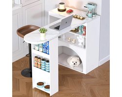 Pugsdrly Moderne, uitschuifbare bartafel en eettafel, kleine hoge draaibare bartafel – met ruimte voor huisdieren, zonder voerbak of kussen voor huisdieren, wit, marmerlook tafelblad, 120(+80)×40×100 cm