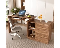 Pugsdrly Moderne uitschuifbare multifunctionele computertafel met uitschuifbaar blad, toetsenbordlade, open vakken & opbergkast met 3 lades, bureau voor thuisstudie & thuiskantoor，Zonder stoel
