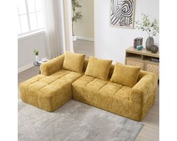 Pugsdrly Modulaire bank, L-bank, 3-zitsbank, geen montage nodig, chenille bank met chaise longue en armleuningen, 3 kussens, zijvak voor afstandsbediening, geel