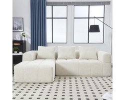 Pugsdrly Modulaire bank, L-bank, 3-zitsbank, geen montage nodig, chenille bank met chaise longue en armleuningen, 3 kussens, zijvak voor afstandsbediening, beige