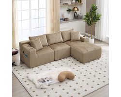 Pugsdrly Modulaire bankenset met chaise longue en 2-zitsbank, bekleding van zacht corduroy, met 5 kussens, zijvakken en bekerhouders, schuim met hoge dichtheid, DIY-combinatie, ideaal voor de woonkamer, het appartement en de studio.