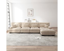 Pugsdrly Modulaire hoekbank, L-vormige bankstel voor woonkamer, 4-zits Comfortabele banken met afneembare poef, DIY-combinatie, chenille, lichtbruin