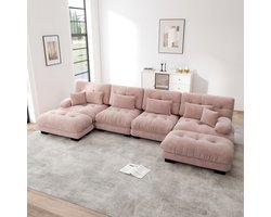 Pugsdrly Modulaire hoekbank, U-vormige bankstel voor de woonkamer, comfortabele Cloud-banken met 4 zitplaatsen en verwijderbare poef, DIY-combinatie, chenille, roze