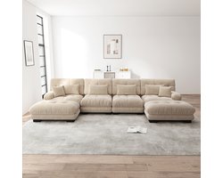 Pugsdrly Modulaire hoekbank, U-vormige bankstel voor woonkamer, 4-zits Comfortabele banken met afneembare poef, DIY-combinatie, chenille, lichtbruin