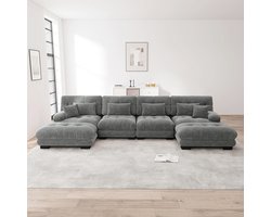 Pugsdrly Modulaire hoekbank, U-vormige bankstel voor woonkamer, comfortabele 4-zitsbanken met afneembare poef, DIY-combinatie, chenille, grijs